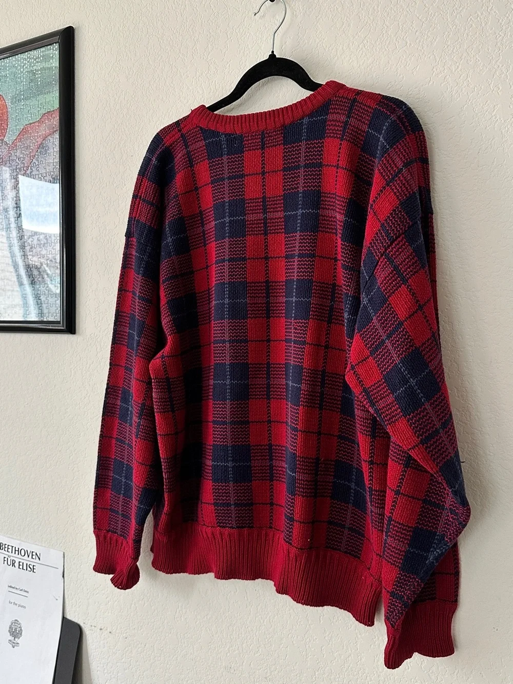 VINTAGE JOHN ASHFORD RED & NAVY PLAID CREWNECK SWEATER — MEN’S